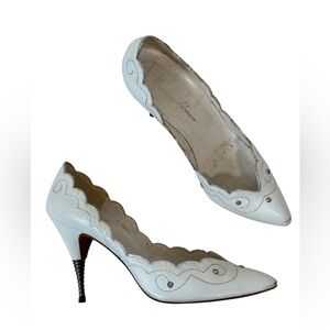 Vintage 80s Beverly Feldman White Leather Silver Studded Heels Womens 8 Funky